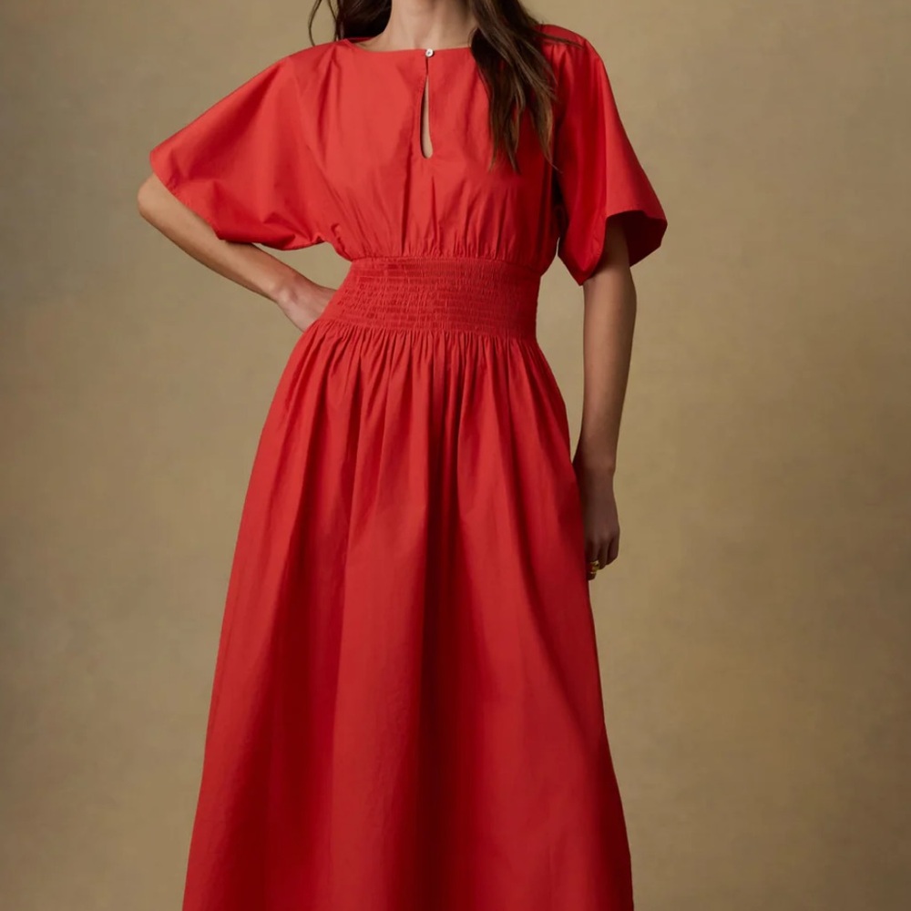 Faherty Womens Coastal Poplin Elia Smocked Dress Poppy Red XS NWT - Picture 2 of 7